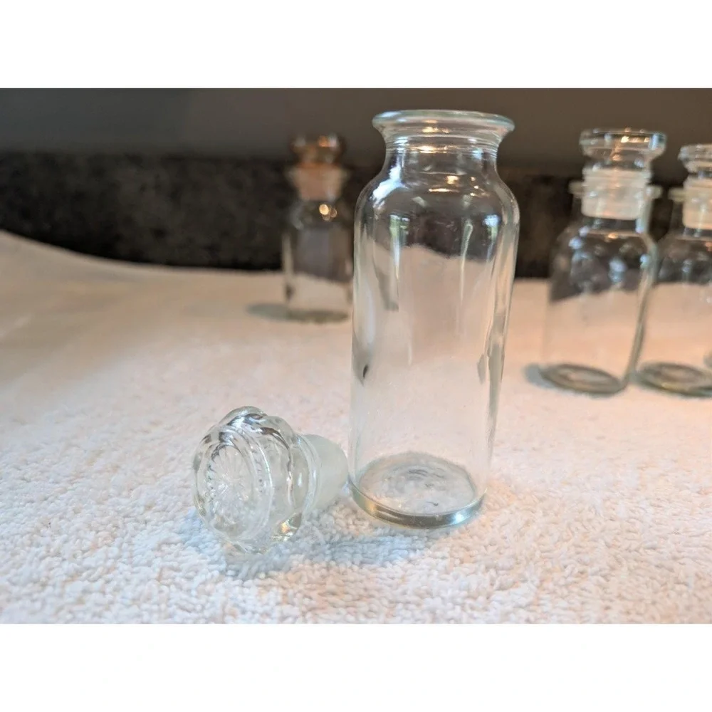 6 Vintage Clear Glass Apothecary Spice Jars/Bottles w/Stoppers Wagner Japan
